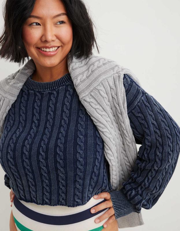 Aerie Mini Cable Cropped Sweater - Navy, XXS 