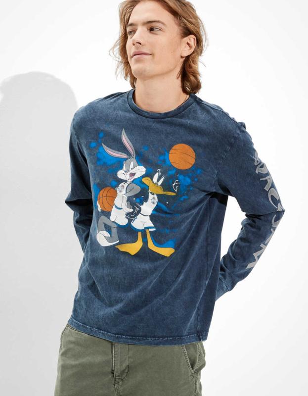 AE Men's Space Jam Long-Sleeve Graphic T-Shirt - Navy, L 