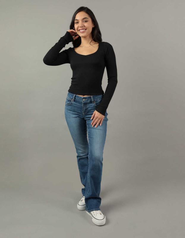 AE Long-Sleeve Sweetheart-Neckline Tee - Black, XXS 
