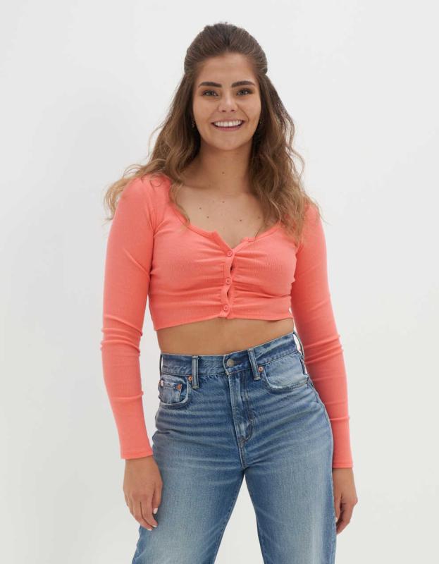 AE Long-Sleeve Button-Up Cinch Tee - Coral, XXS 