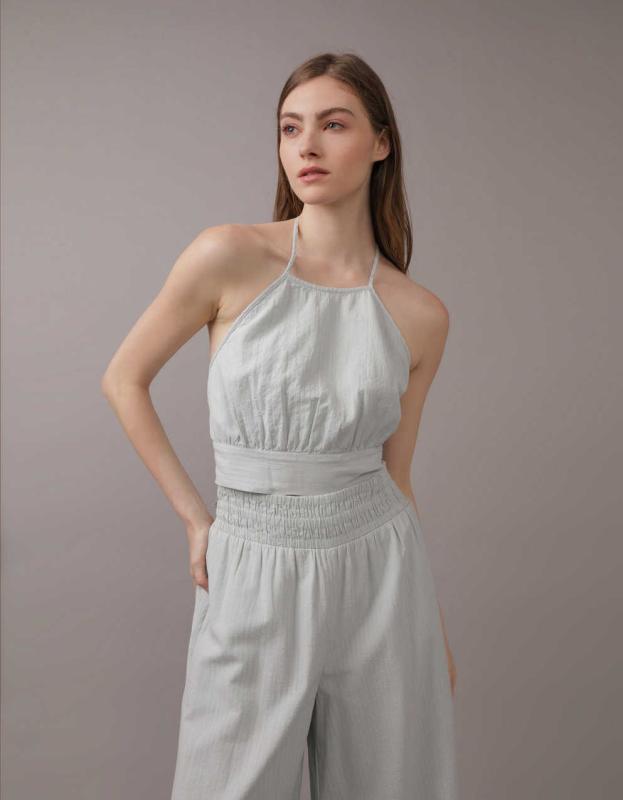 AE Cropped Tie-Back Halter Top - Blue, XS 