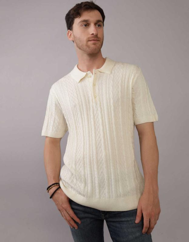 AE Textured Sweater Polo Shirt - Cream, M 