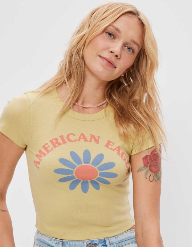 AE Cropped Hey Baby Tee - Bright Green, S 