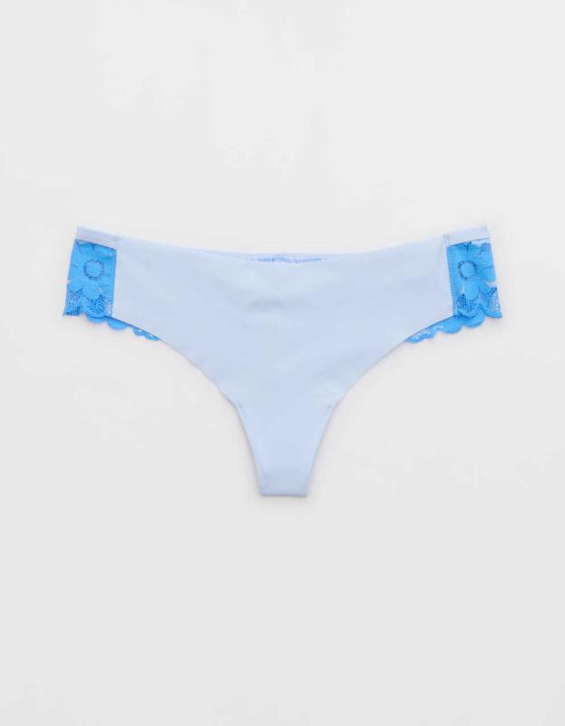 SMOOTHEZ No Show Lace Thong Underwear - Eyelet Blue, M 