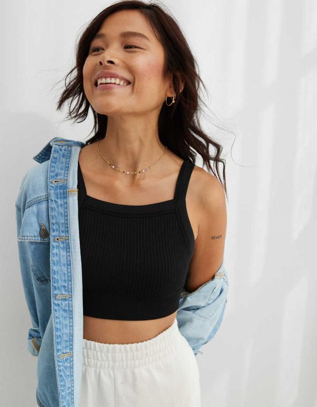 Aerie Ribbed Seamless High Neck Longline Bralette - True Black, M 