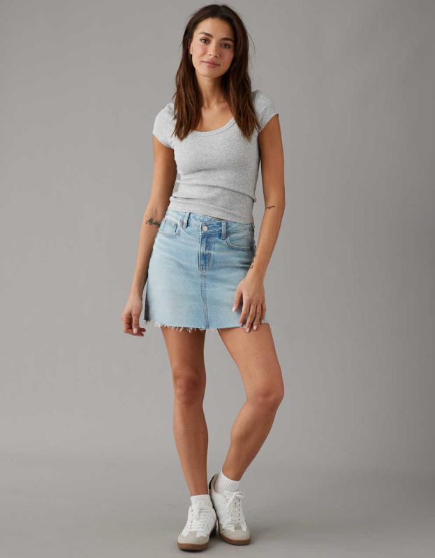 AE Stretch Crossover High-Waisted Perfect Denim Mini Skirt - Light Wash, 00 