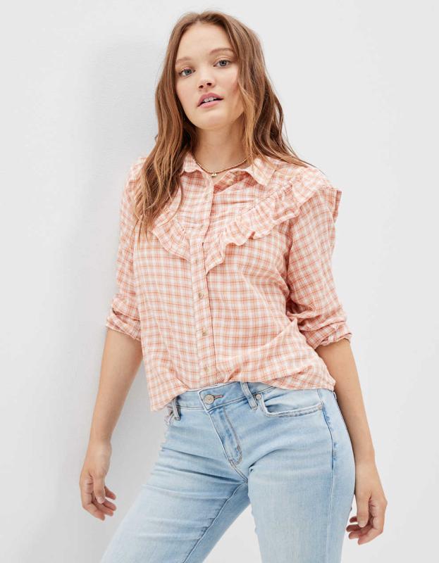 AE Western Ruffle Button-Up Shirt - Brown, XXS 