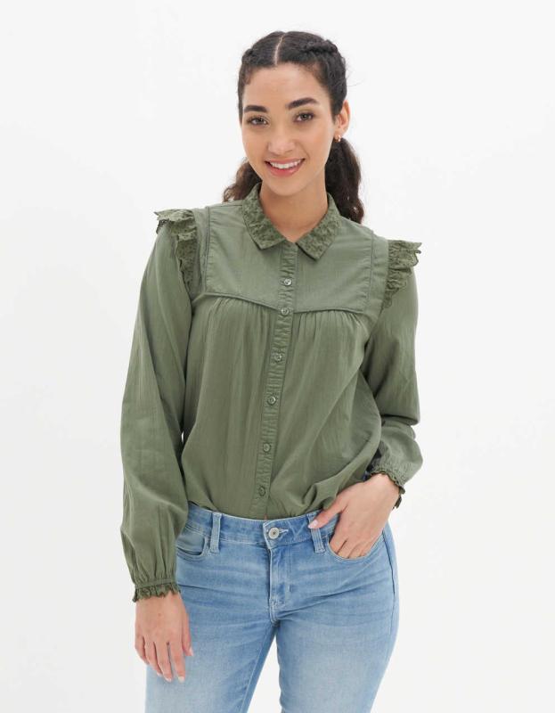 AE Ruffle Button-Up Shirt - Olive, M 