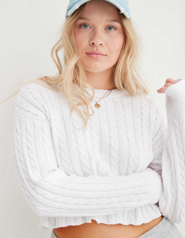 Aerie Mini Cable Cropped Sweater - White, XXS 