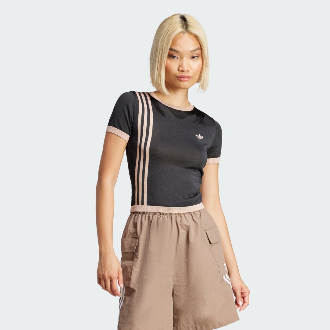 adidas Knitted 3-Stripes Short Tee Lifestyle 2XS,XS,S,M,L,XL,2XL Women Black
