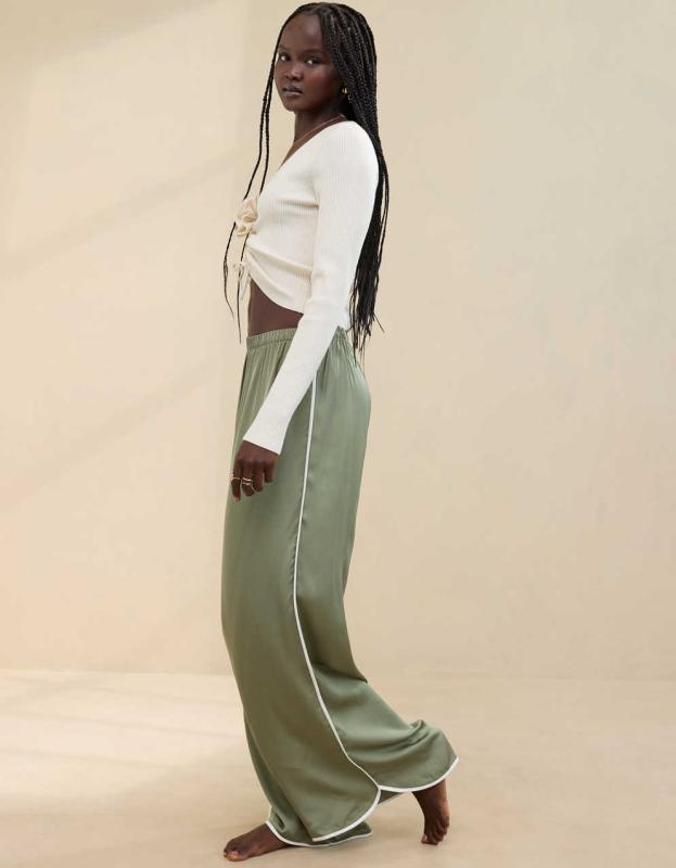 Aerie Off-Duty Satin Trouser J - Olive Fun, S 