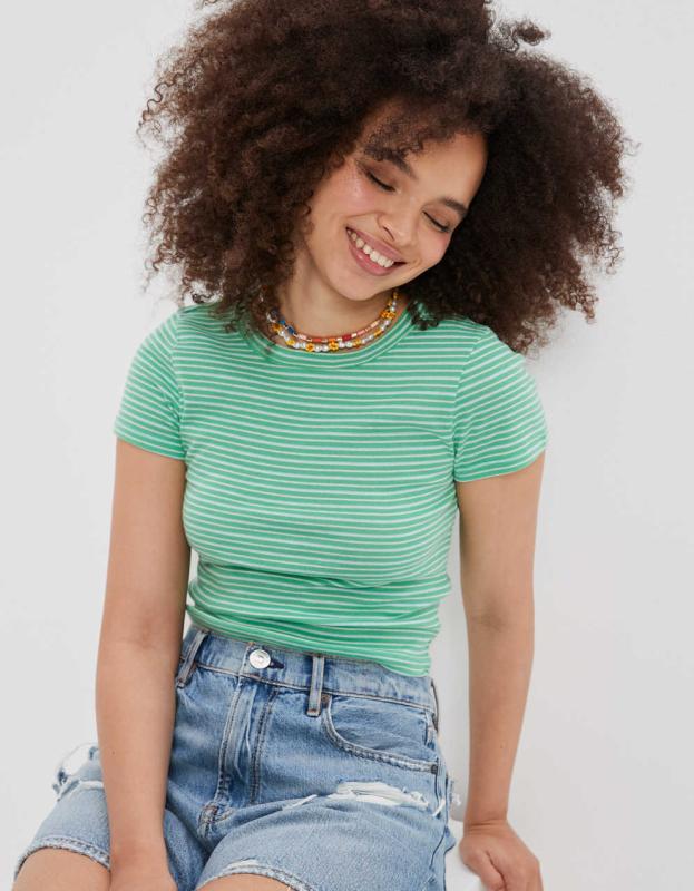 AE Cropped Hey Baby Tee - Green, S 