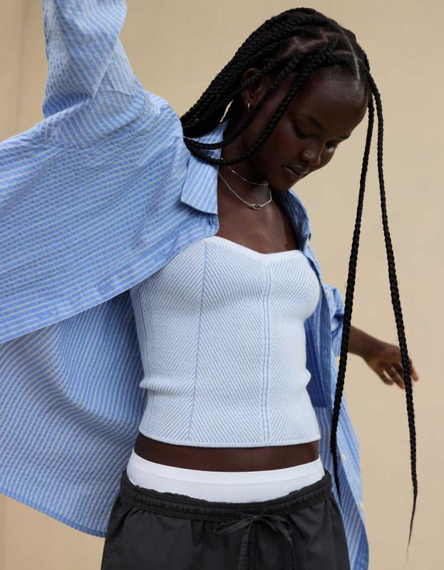 Aerie Ribbed Sweater Tube Top - Eyelet Blue, XS 