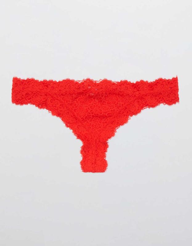 Aerie Eyelash Lace Thong Underwear - Holiday Red, XS 