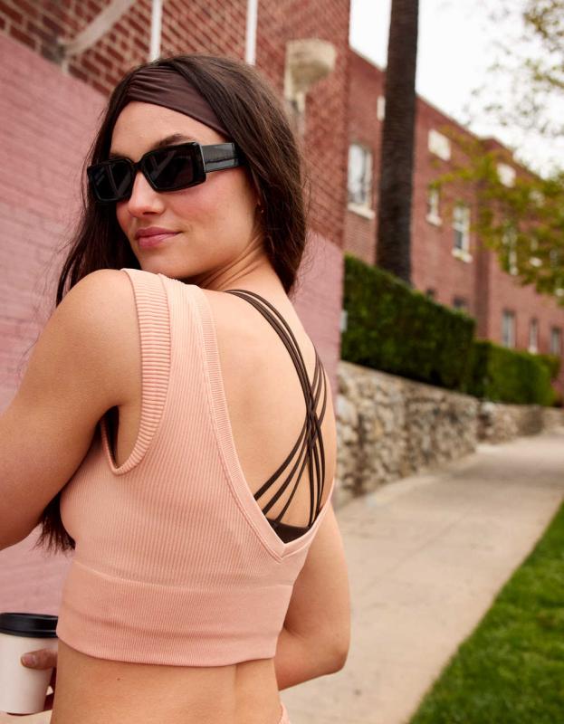 OFFLINE By Aerie Seamless Rib Cap Sleeve Bra Top - Dusty Pink, XS 