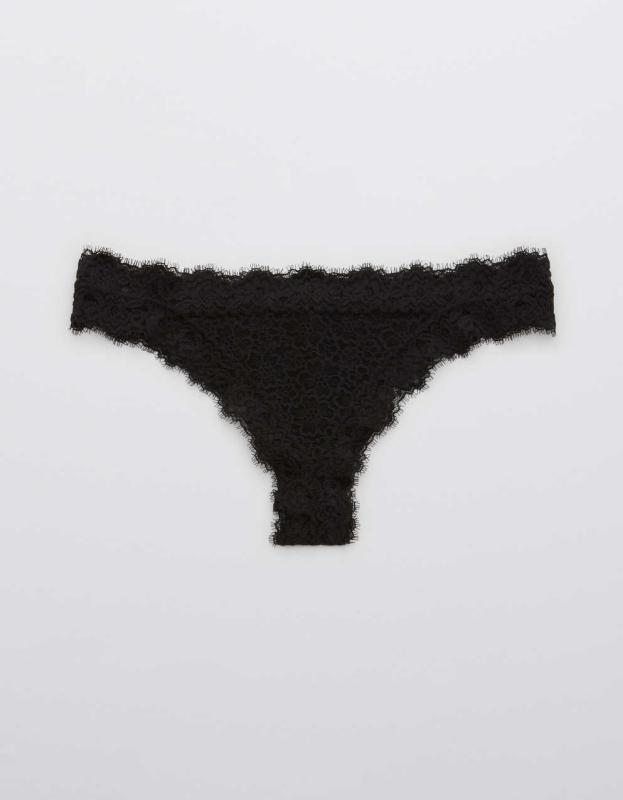Aerie Eyelash Lace Thong Underwear - True Black, M 