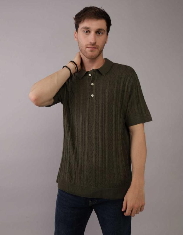 AE Textured Sweater Polo Shirt - Olive, XS 