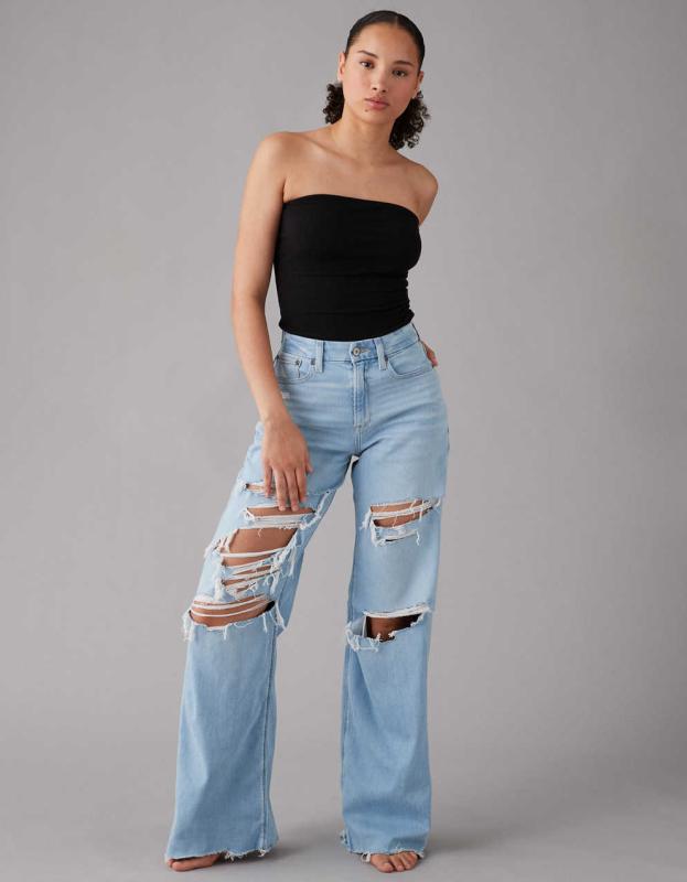 AE Dreamy Drape Stretch Curvy Super High-Waisted Ripped Baggy Wide-Leg Jean - Fresh Bright, 0 