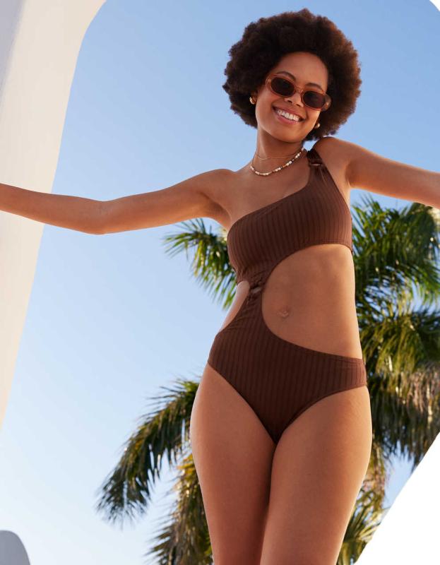Aerie Wide Rib Cut Out One Shoulder Ring One Piece Swimsuit - Dark Maple, L 