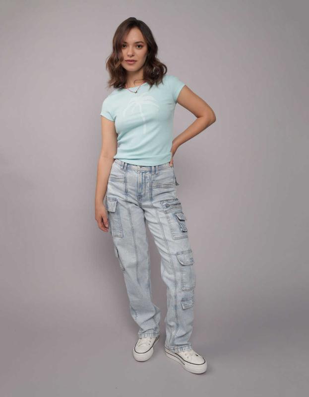 AE Stretch Super High-Waisted Baggy Straight Cargo Jean - Light Vintage, 10 