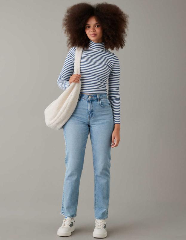 AE Long-Sleeve Cropped Hey Baby Mock Neck Tee - Indigo, XXS 