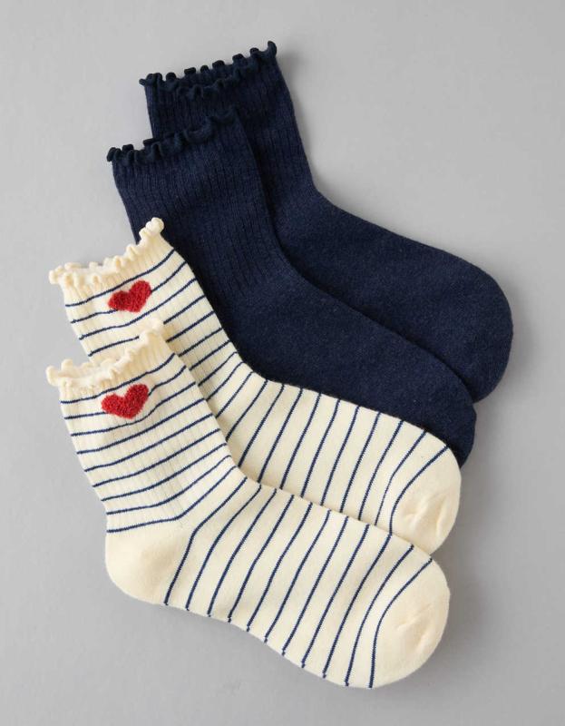 AE Terry Patch Ruffle Boyfriend Socks 2-Pack - Blue, One Size 