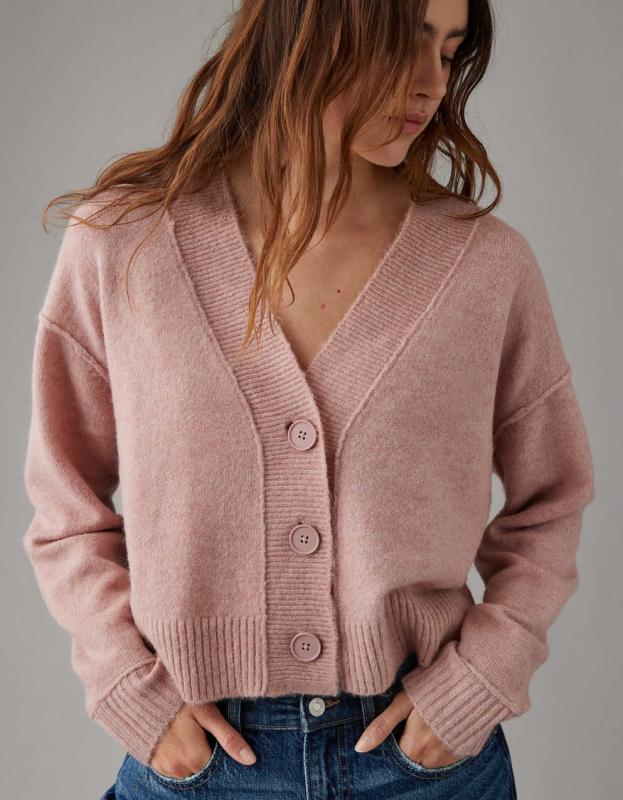 AE Whoa So Soft Cropped Button-Front Cardigan - Light Pink, XXS 