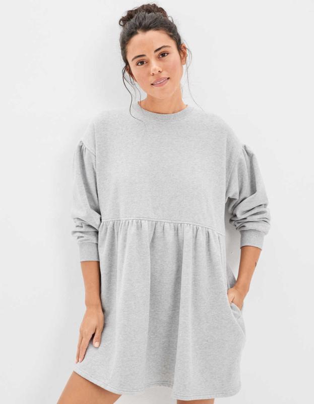 AE Long-Sleeve Fleece Babydoll Mini Dress - Gray, S 