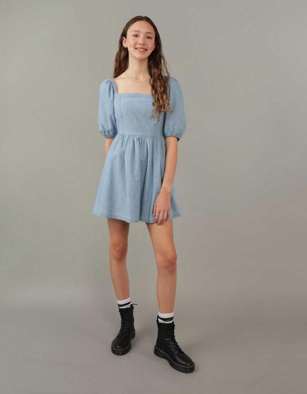 AE Puff Sleeve Mini Dress - Chambray Blue, XXS 
