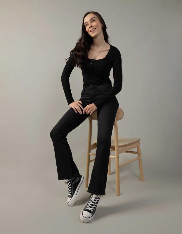 AE Long Sleeve Henley Bodysuit - Black, XS 