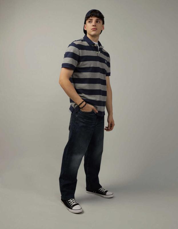 AE Striped Polo Shirt - Navy, S 