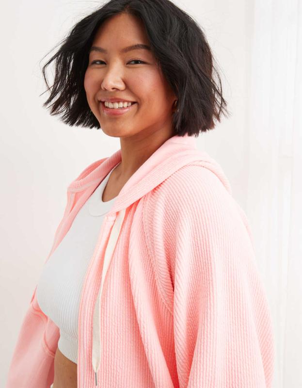 Aerie Wonder Full Zip Textured Hoodie - Shell Pink, M 
