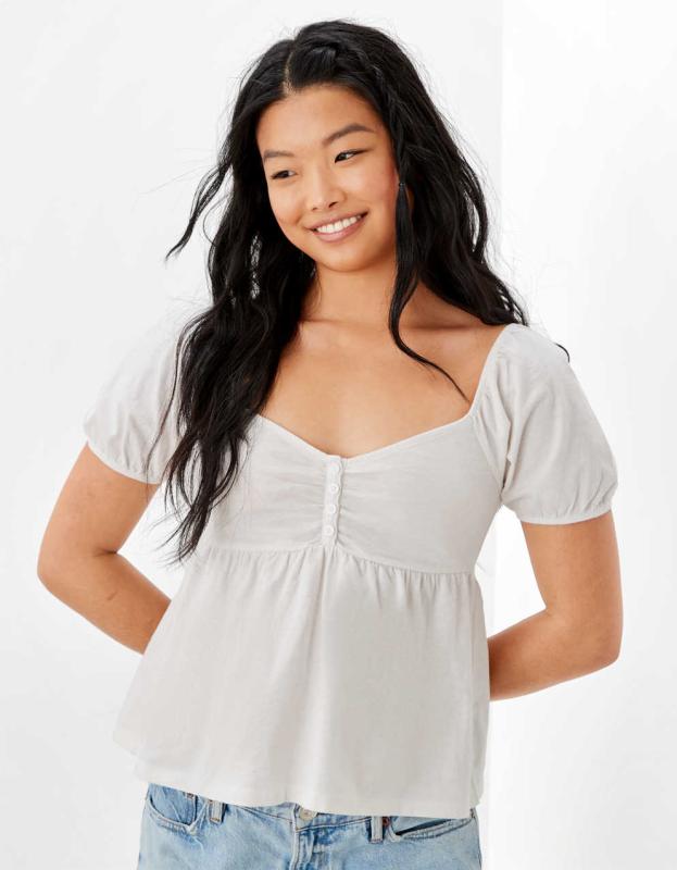 AE Puff-Sleeve Babydoll T-Shirt - Cream, S 