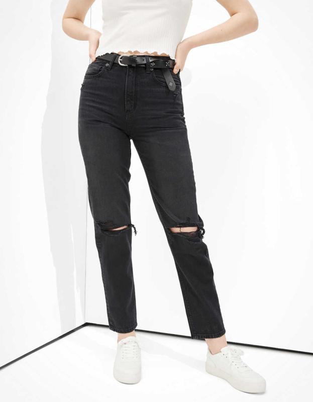 AE Ripped Mom Straight Jean - Faded Black, 0 