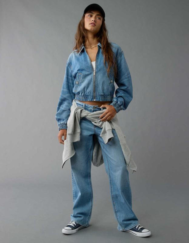 AE Cropped Zip-Up Denim Bomber Jacket - Light Wash, XXS 