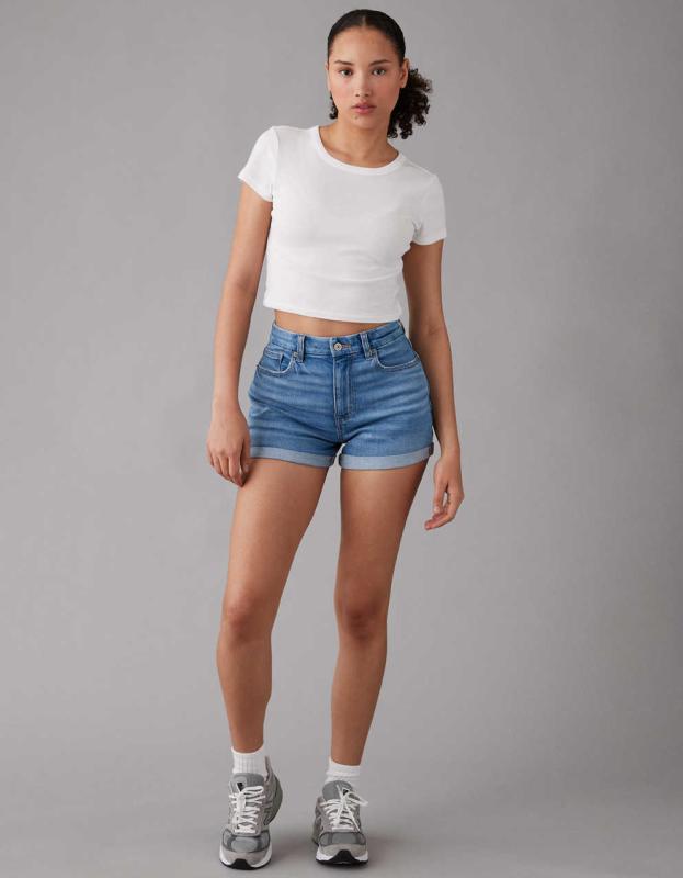 AE Stretch Curvy Denim Mom Short - Medium Tinted Indigo, 0 