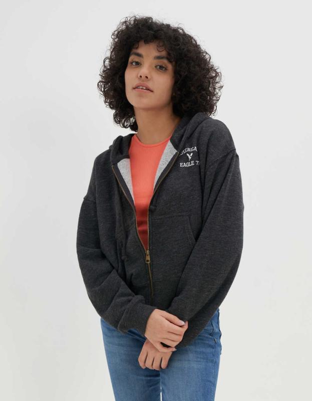AE Cropped Zip-Up Hoodie - Charcoal Heather Gray, XL 