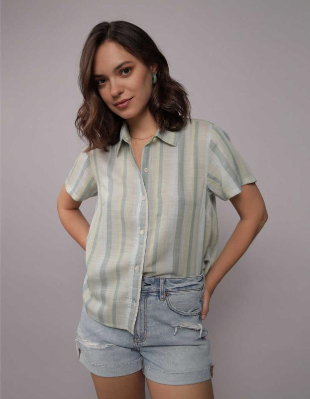 AE Short Sleeve Button Up Shirt - Teal, XXS 