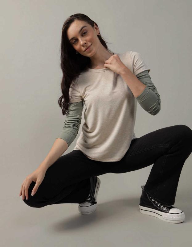 AE Soft & Sexy Short-Sleeve Crew Neck Tee - Oatmeal Heather, XL 