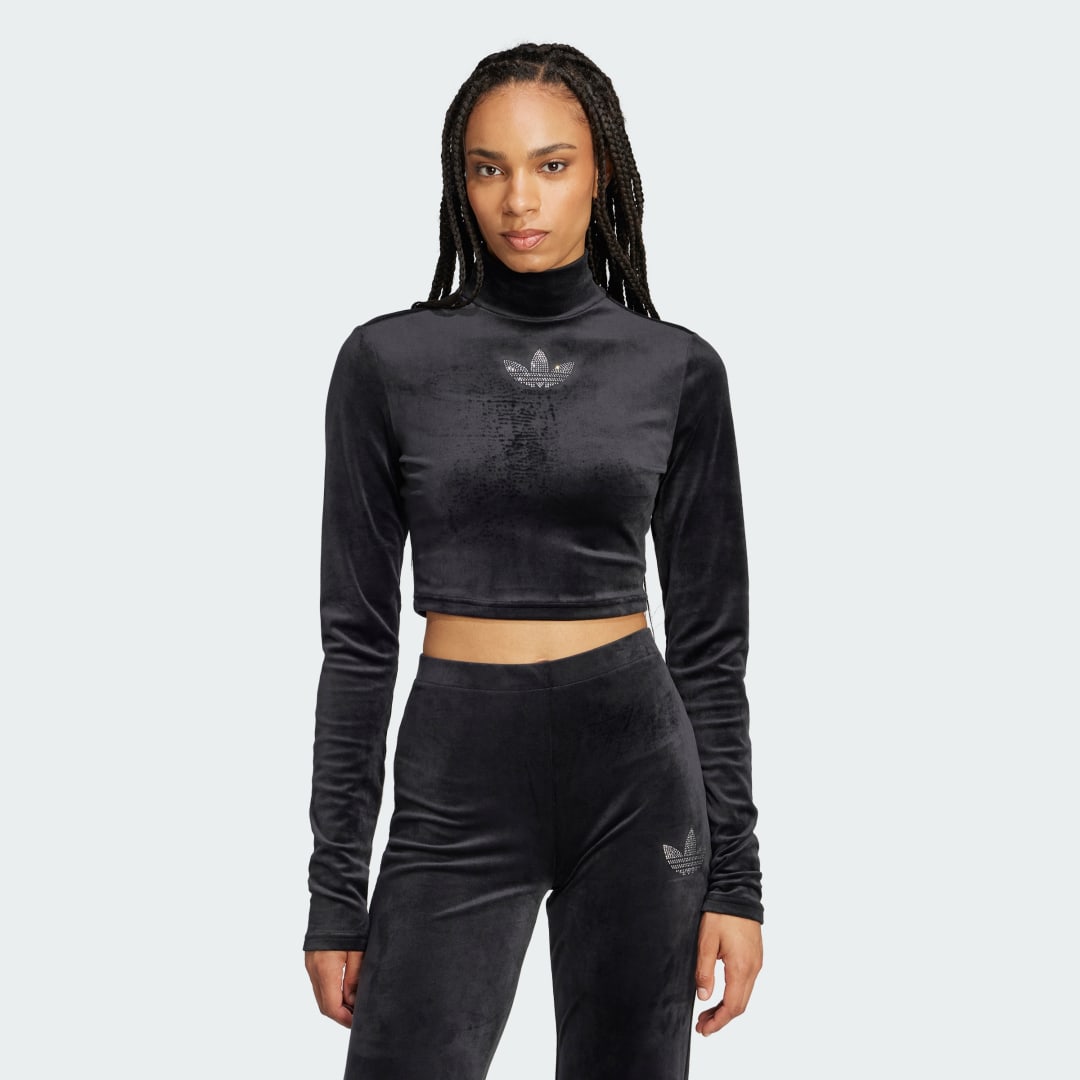 adidas Long Sleeve Rhinestone Trefoil Velvet Crop Top Lifestyle 2XS,XS,S,M,L,XL,2XL,A/2XS,A/XS,A/S,A/M,A/L,A/XL,A2XL Women Black