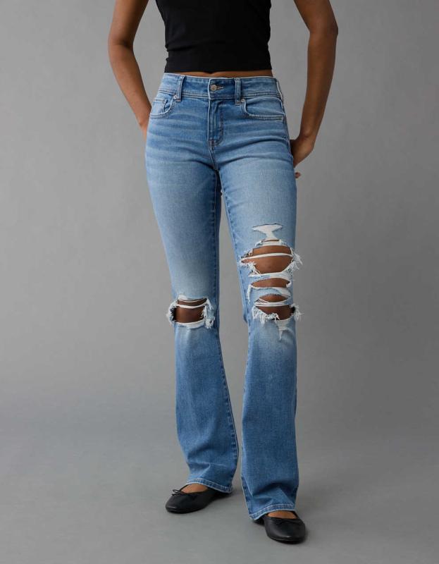 AE Next Level Ripped Low-Rise Kick Bootcut Jean - Destroyed Medium Wash, 10 