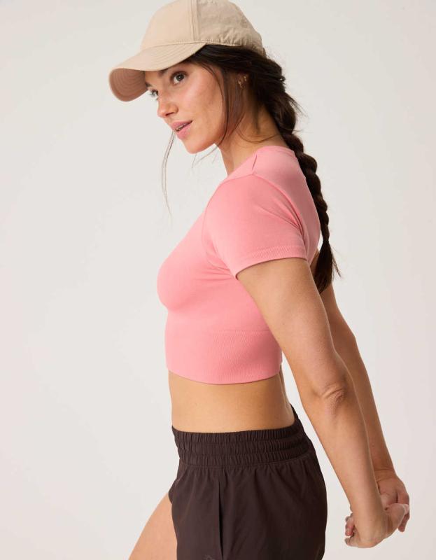 OFFLINE By Aerie Sidewalk Seamless Cropped T-Shirt - Strawberry Mist, M 