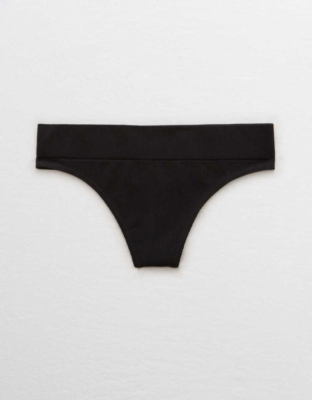 Aerie Ribbed Seamless Thong Underwear - True Black, S 