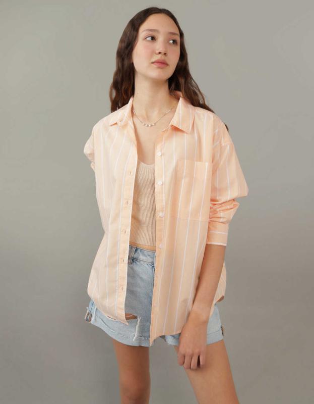 AE Perfect Button-Up Shirt - Orange, M 