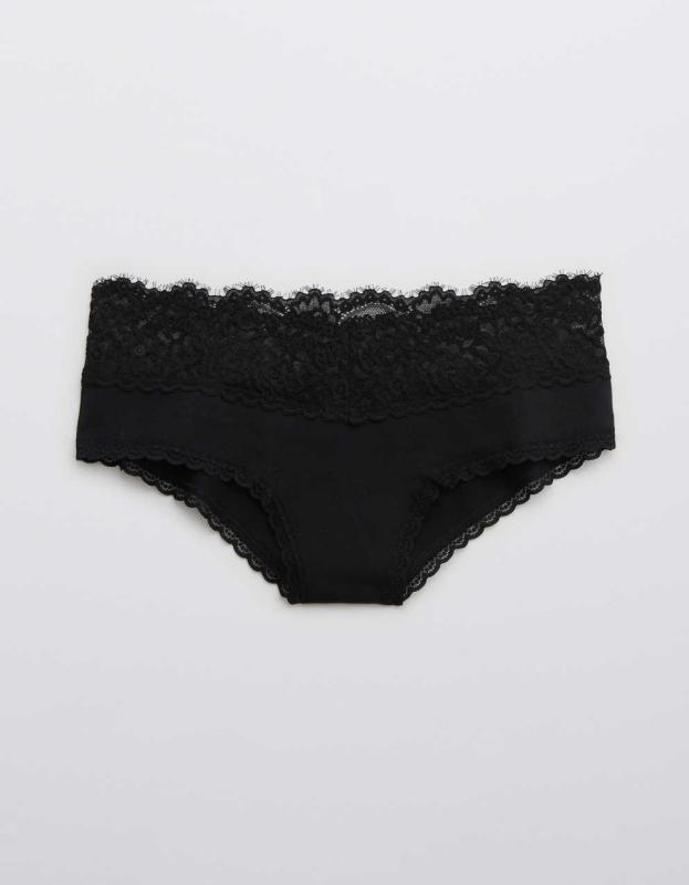 Aerie Cotton Eyelash Lace Cheeky Underwear - True Black, XS 