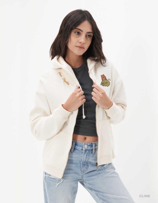 AE | LINE FRIENDS Graphic Zip-Up Hoodie - Cream, S 