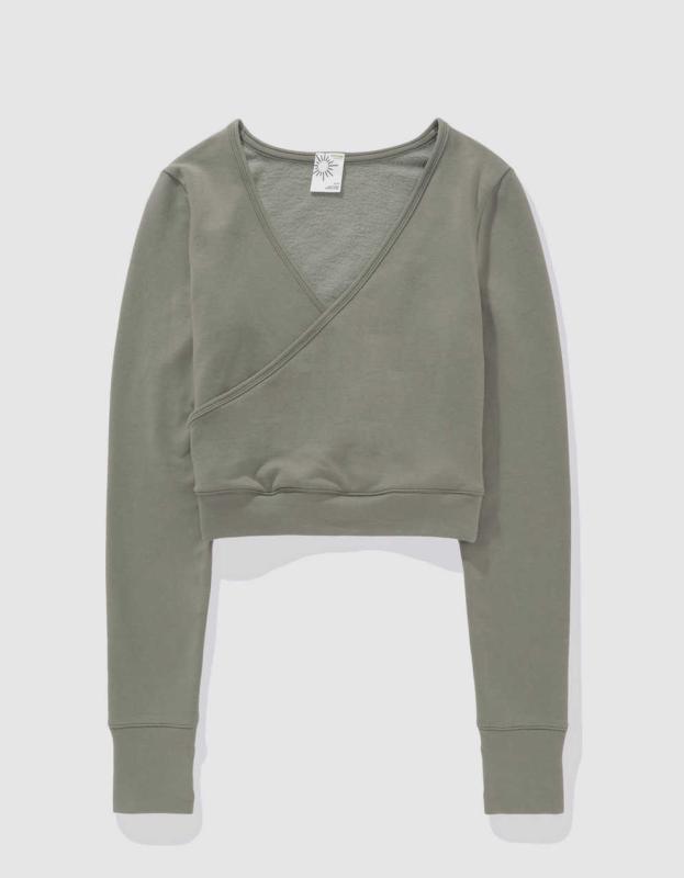 OFFLINE by Aerie OTT Fleece Wrap Top - Olive Fun, S 