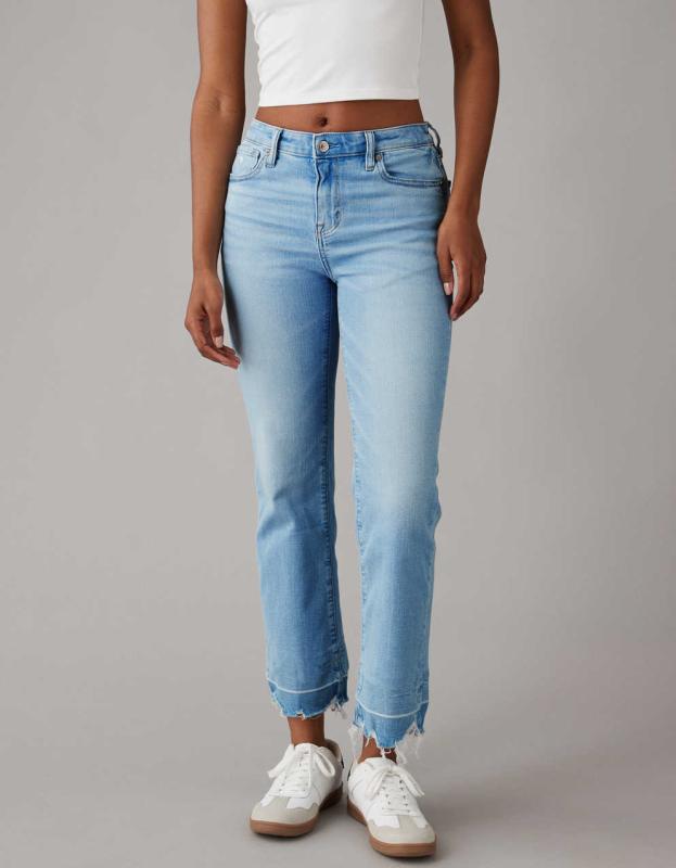 AE Stretch High-Waisted Kick Bootcut Crop Jean - Light Blue, 4 