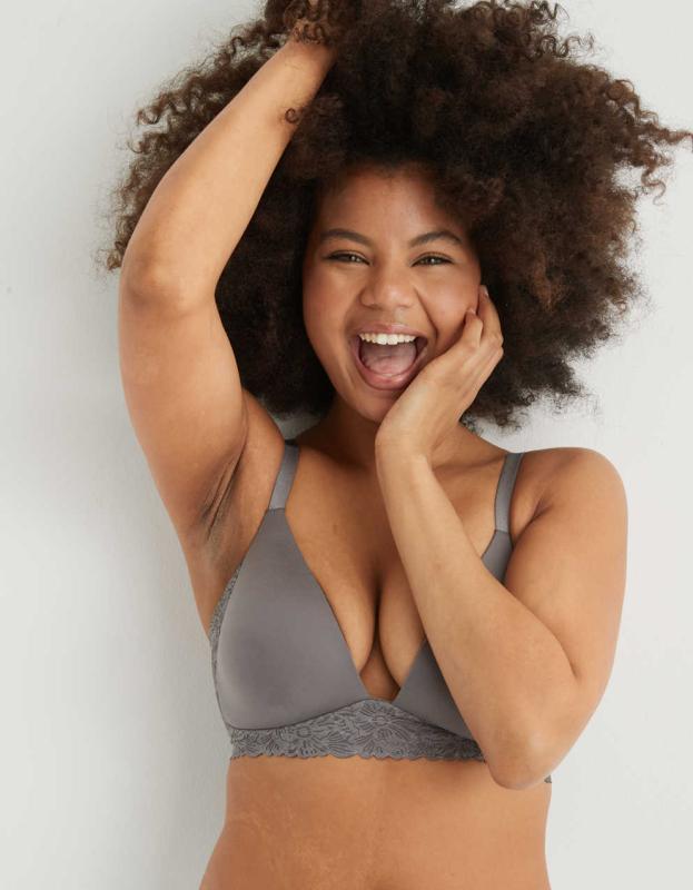 Aerie Real Sunnie Wireless Lightly Lined Blossom Lace Bra - Shell Gray, 75A 