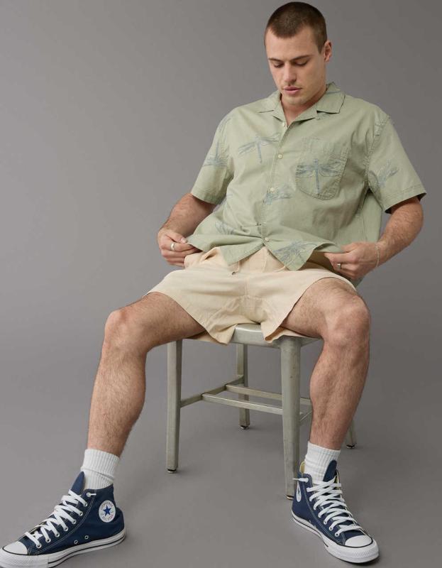 AE Printed Button-Up Poolside Shirt - Olive Fun, XXL 